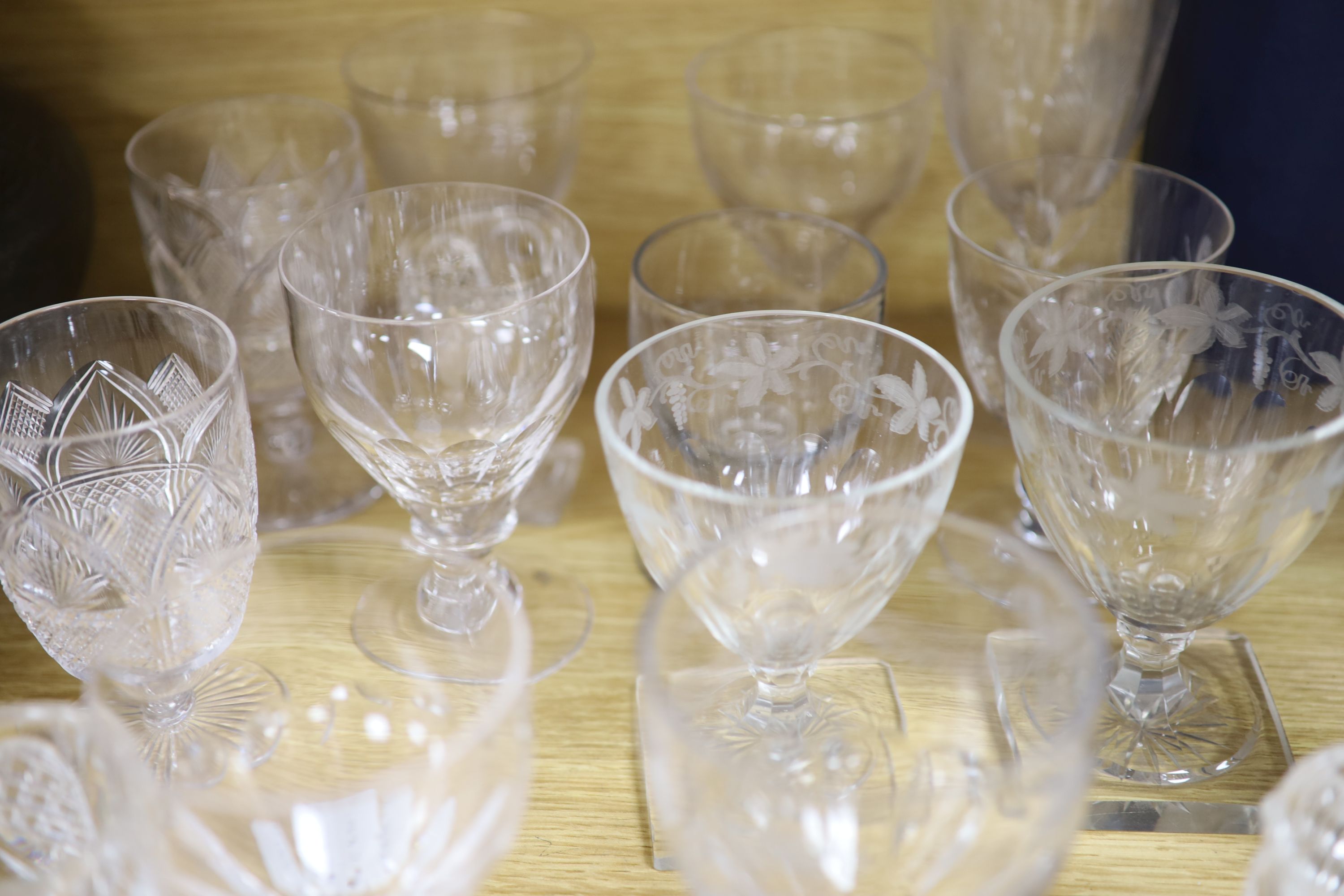 Fifteen various glass rummers and drinking glasses